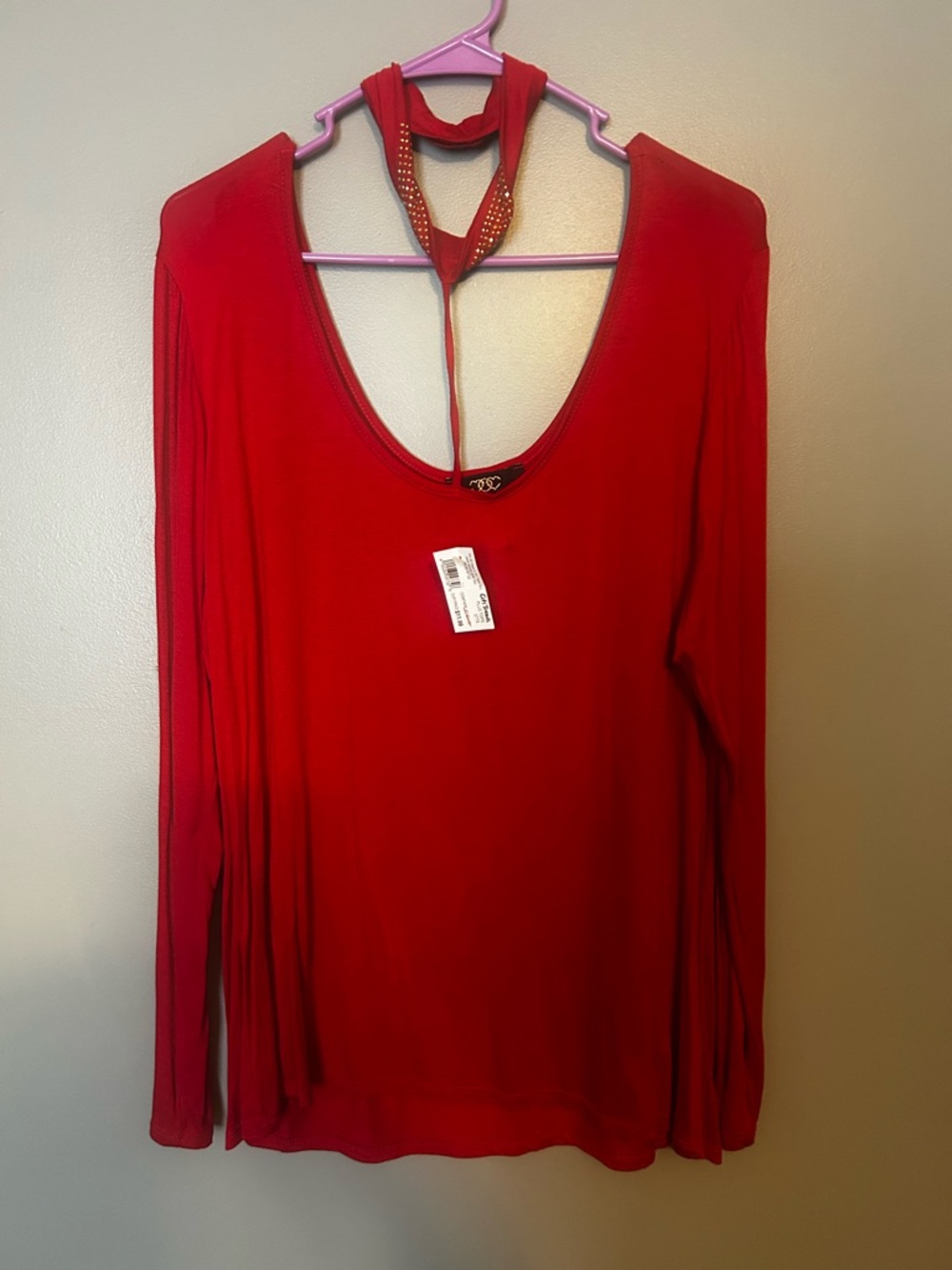 Red Long-Sleeve Women's Top with Halter Detail - Picture 1 of 3